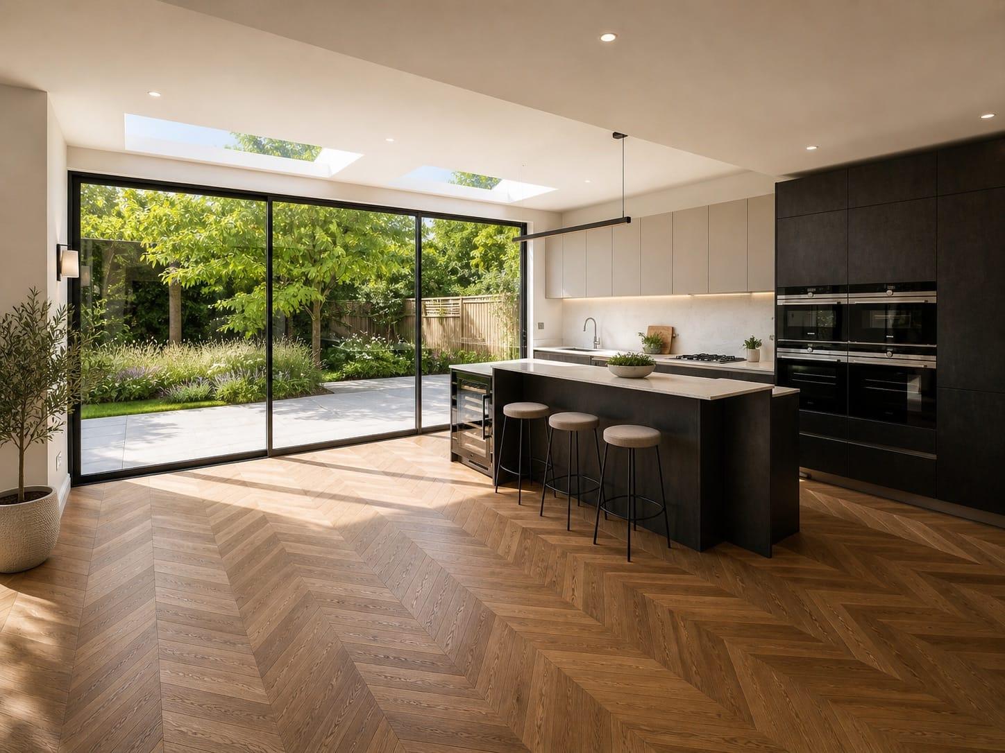 Finished London kitchen — dark handleless units and a stone-topped island, integrated ovens, chevron parquet floor and a sliding glass wall open to a planted garden