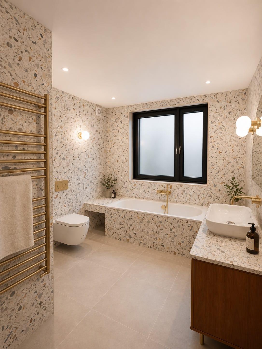 Finished London bathroom — terrazzo-clad walls and bath panel, wall-hung WC, brass towel rail and brassware, walnut vanity with a vessel basin