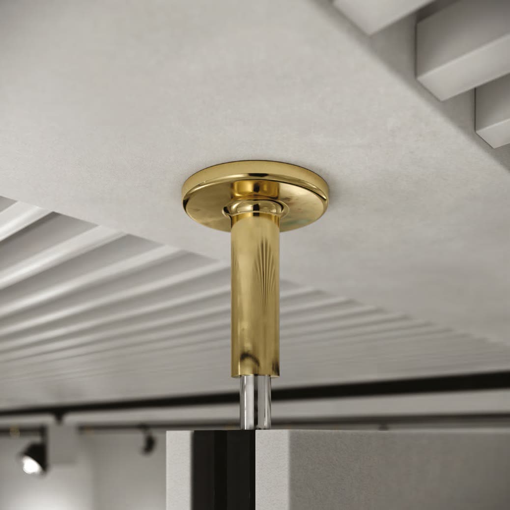 Visualisation: brass pressure fixing at the top of a wall-system upright against the ceiling