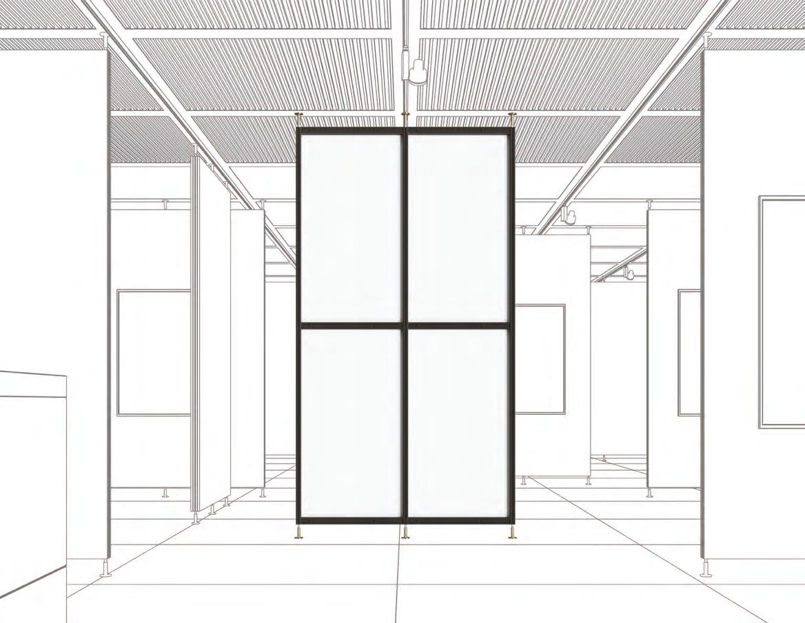 Line drawing of a framed booth with a glazed door