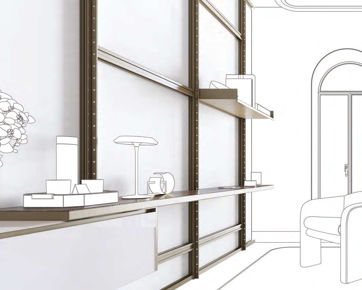 Line drawing of shelving and panels on an aluminium frame in a hotel room