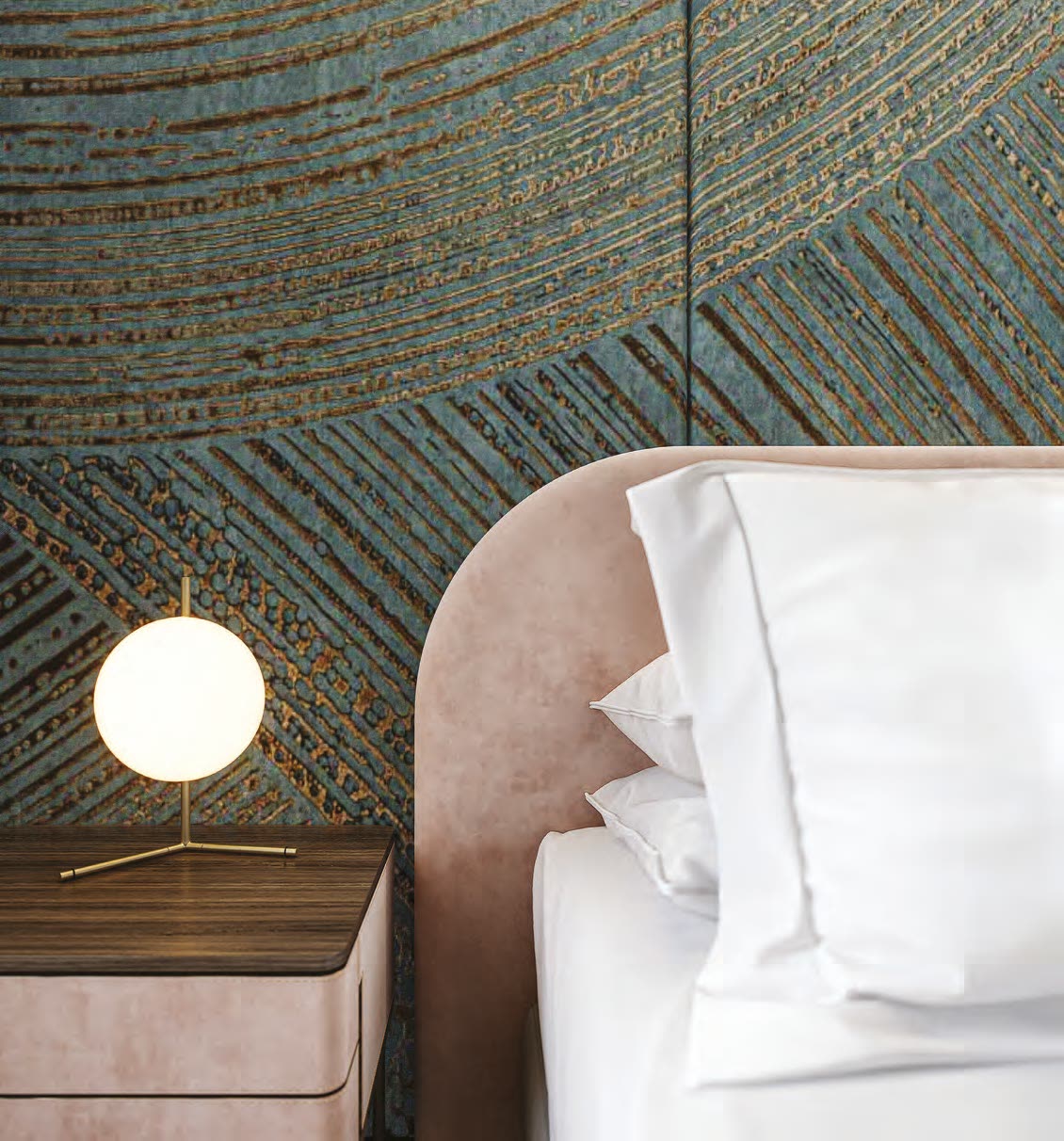 Visualisation: close view of a textured panel headboard wall beside a bedside lamp