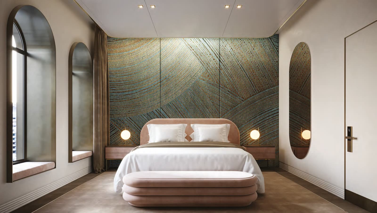 Visualisation: hotel bedroom with a full-height textured panel wall behind the bed
