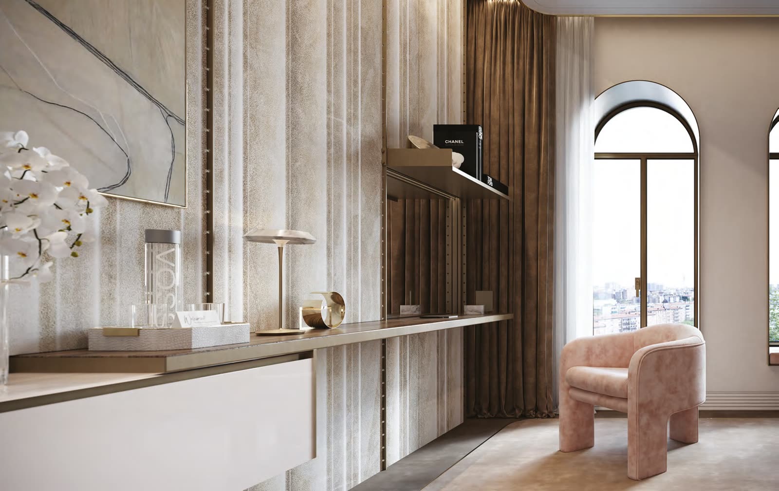 Visualisation: hotel room vanity with shelving fixed to a panelled frame