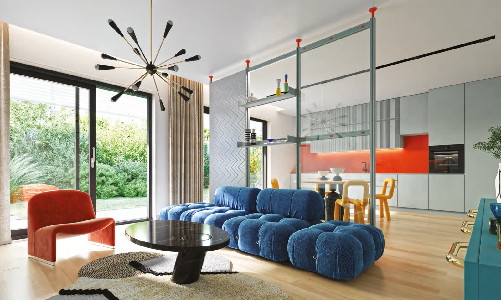 Visualisation: floor-to-ceiling shelving divider between a living area and a kitchen