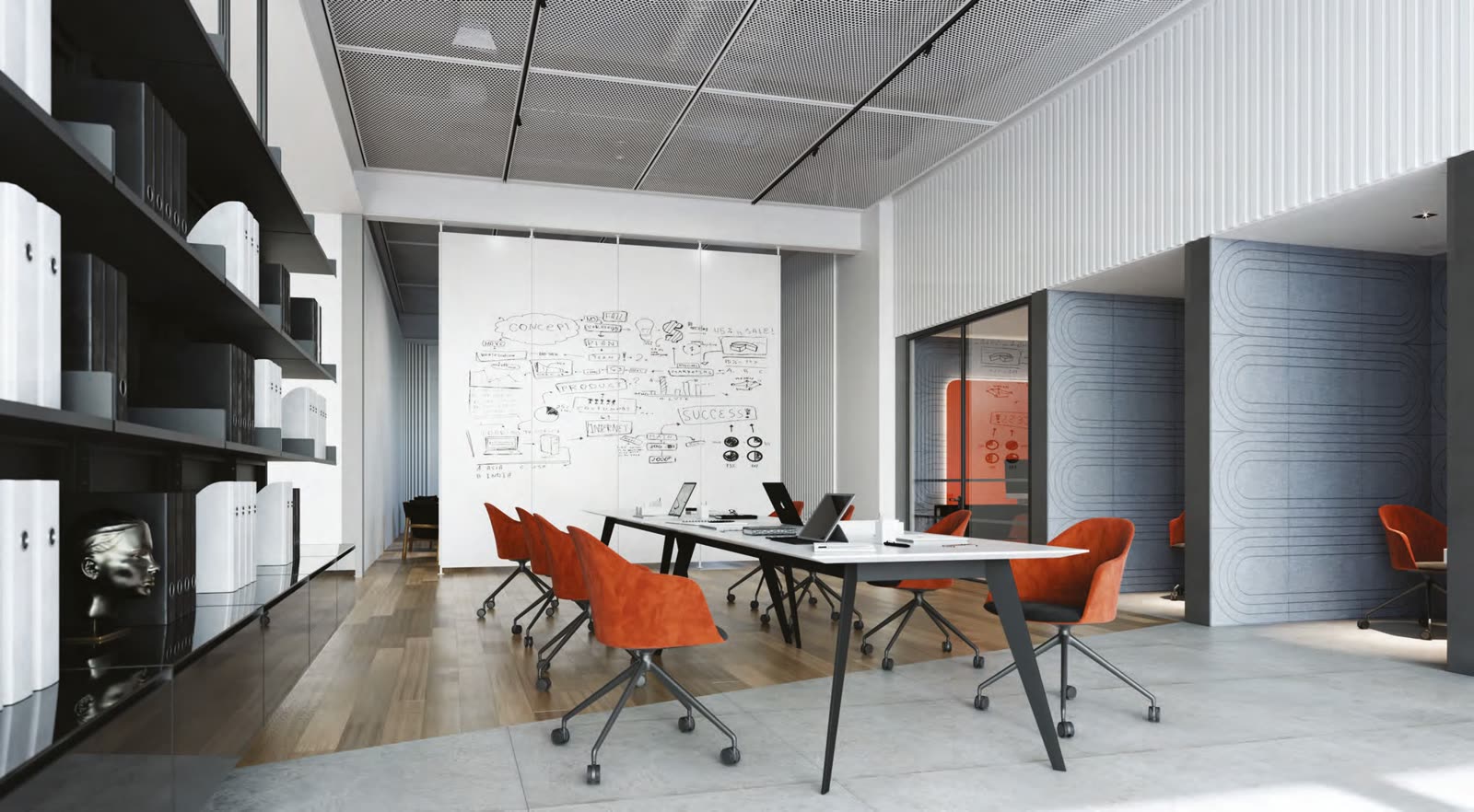 Visualisation: office meeting space with a full-height shelving wall on an aluminium frame