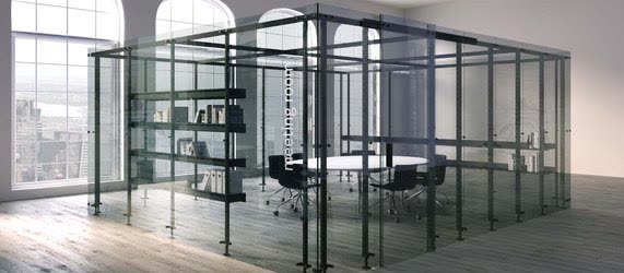 Glass-walled room standing inside a period hall with arched windows