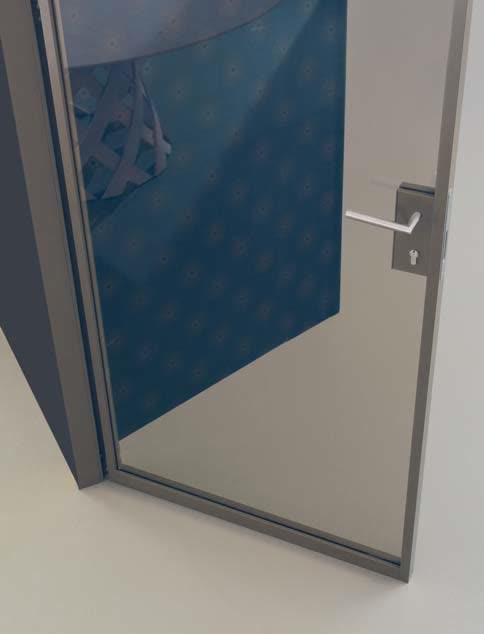 Corner of a glazed partition door showing the handle and the slim frame