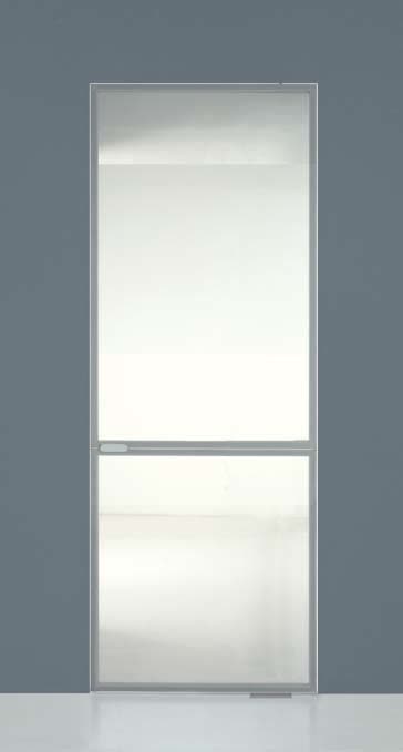 Glazed door set in a partition frame, the leaf and frame sharing the same sightlines