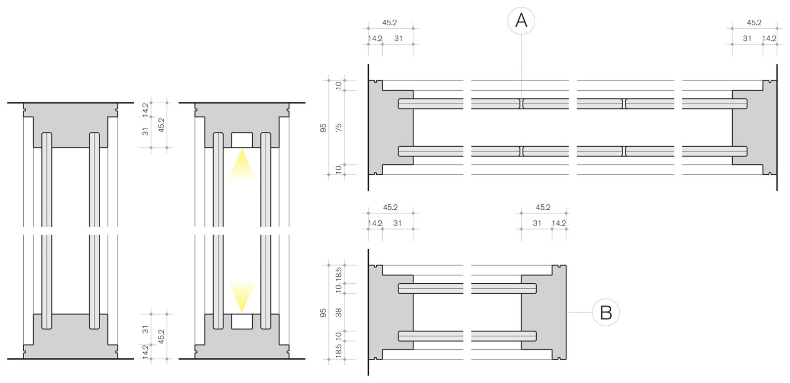 Section drawing of a double-glazed partition profile with its acoustic cavity