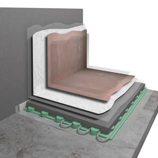 Cut-away visualisation of a resin floor over a heated screed and decoupling layer