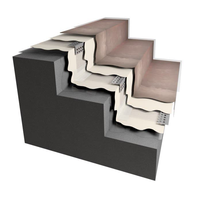 Cut-away visualisation of resin layers on concrete steps with nosing profiles