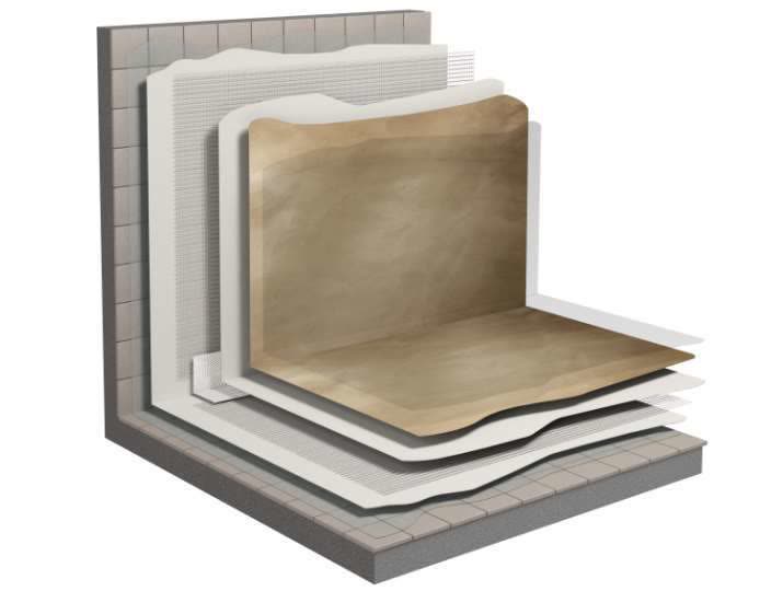 Cut-away visualisation of resin layers over existing floor and wall ceramic tiles