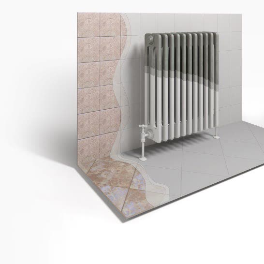 Visualisation of resin taken over existing wall and floor tiles around a radiator