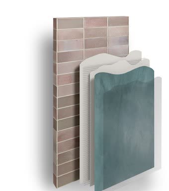 Cut-away visualisation of resin layers over existing wall tiles