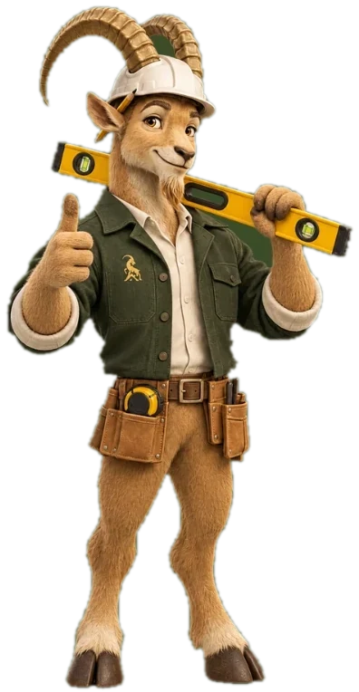 Rendered illustration of Mr. V, the 2VP ibex mascot, holding a spirit level and giving a thumbs up