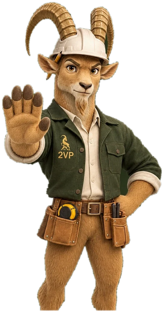 Rendered illustration of Mr. V, the 2VP ibex mascot in a hard hat, raising his hand to say stop