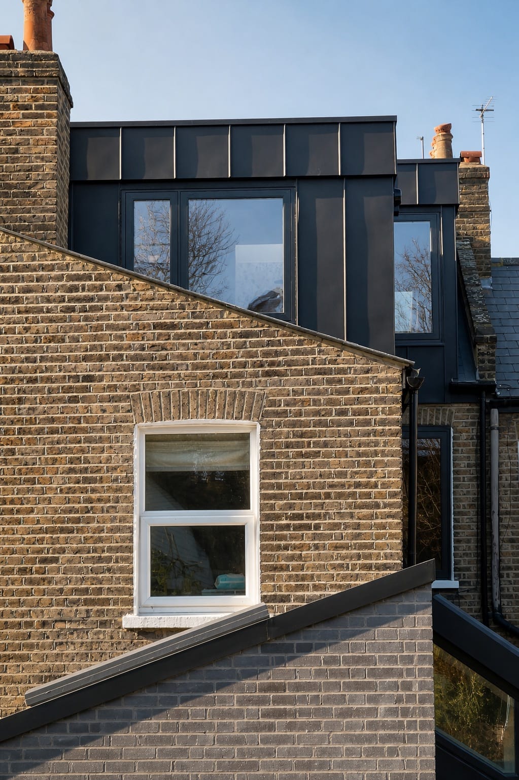 Zinc-clad dormer with new windows above the grey brick rear extension, on a completed loft conversion in Peckham SE15