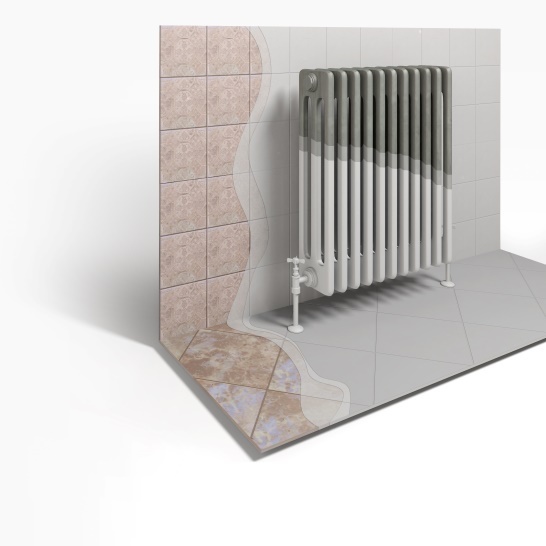 Cutaway visualisation of resin laid over existing wall and floor tiles, a radiator left in place