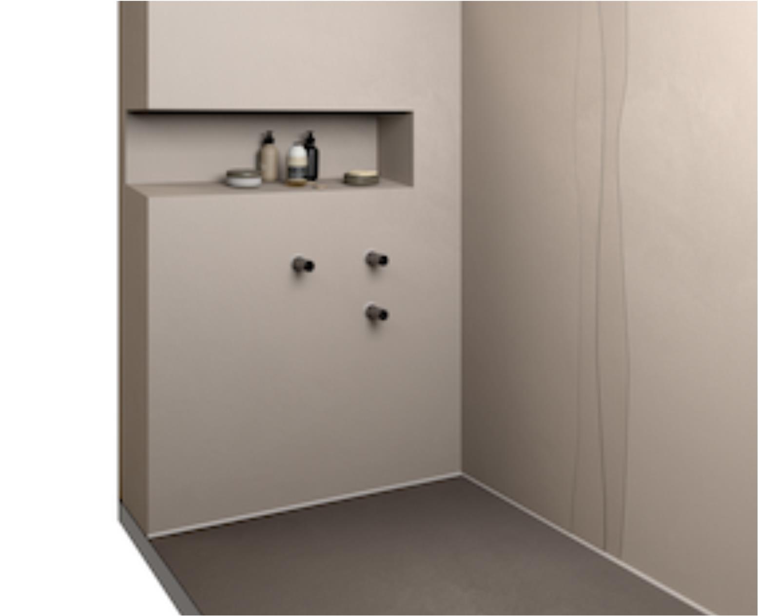 Visualisation of a shower room finished in one continuous pale resin across walls, niche and floor